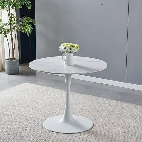 Velets Tulip Mid-Century Modern Round Dining Table – 40" White Marble Top & Pedestal Base