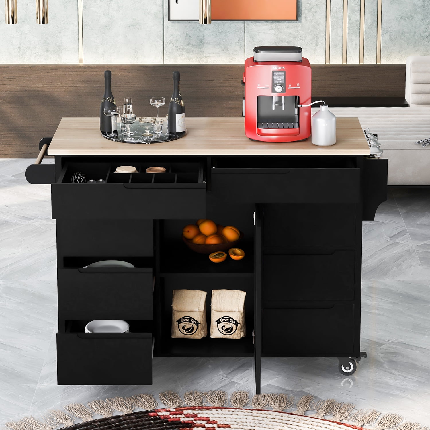 Kepooman 53.15 Inch Width Indoor Modern Rolling Kitchen Cart, Rubber Wood Kitchen Cart on Wheels with Spice Rack, Towel Rack-Black Kepooman 53.15 Inch Width Indoor Modern Rolling Kitchen Cart, Rubber Wood Kitchen Cart on Wheels with Spice Rack, Towel Rack-Black