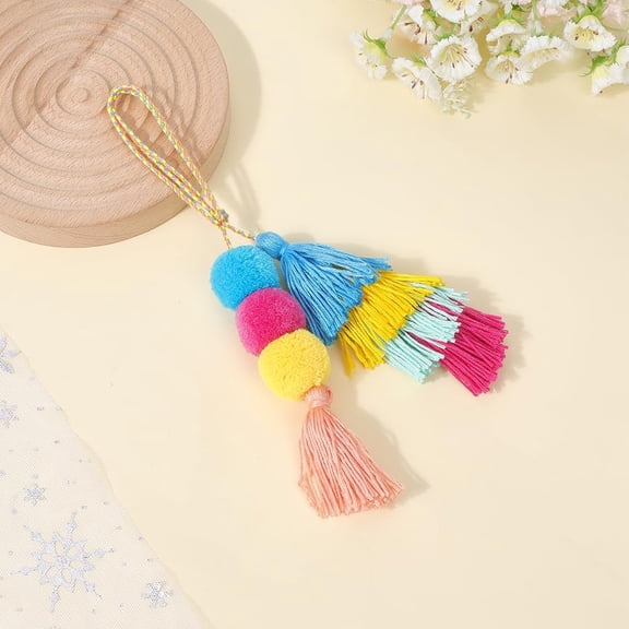 1Pc Tassel Bag Charm 230mm Mixed Color Polyester Layered Pendant Ball Chains Boho Taseel Charm Hanging Ornaments for Women Purse Bag Curtain Home Decoration