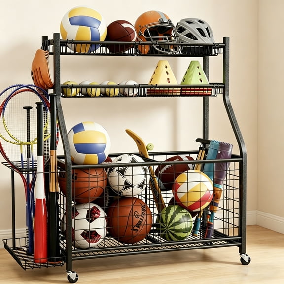 Sports Equipment Organizer, Garage Ball Storage with Baskets and Hooks, Large Toy Organizers and Storage, Outdoor Ball Holder for Baseball, Volleyball Stuff, Basketball Training Equipment
