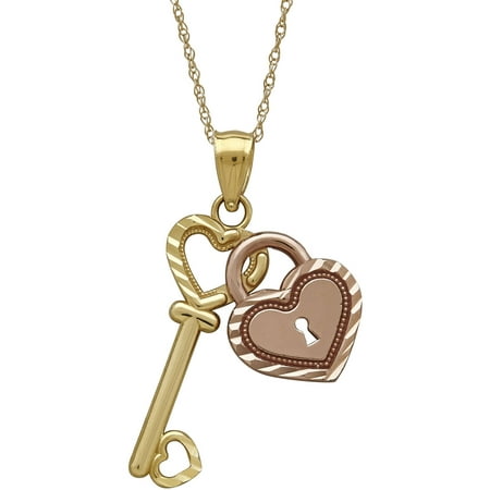 Simply Gold Precious Sentiments 10kt Yellow and Pink Gold Heart and Key Pendant, 18