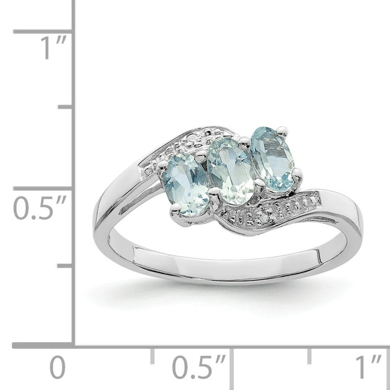 925 Sterling Silver Polished Rhodium Aqua and Diamond Ring