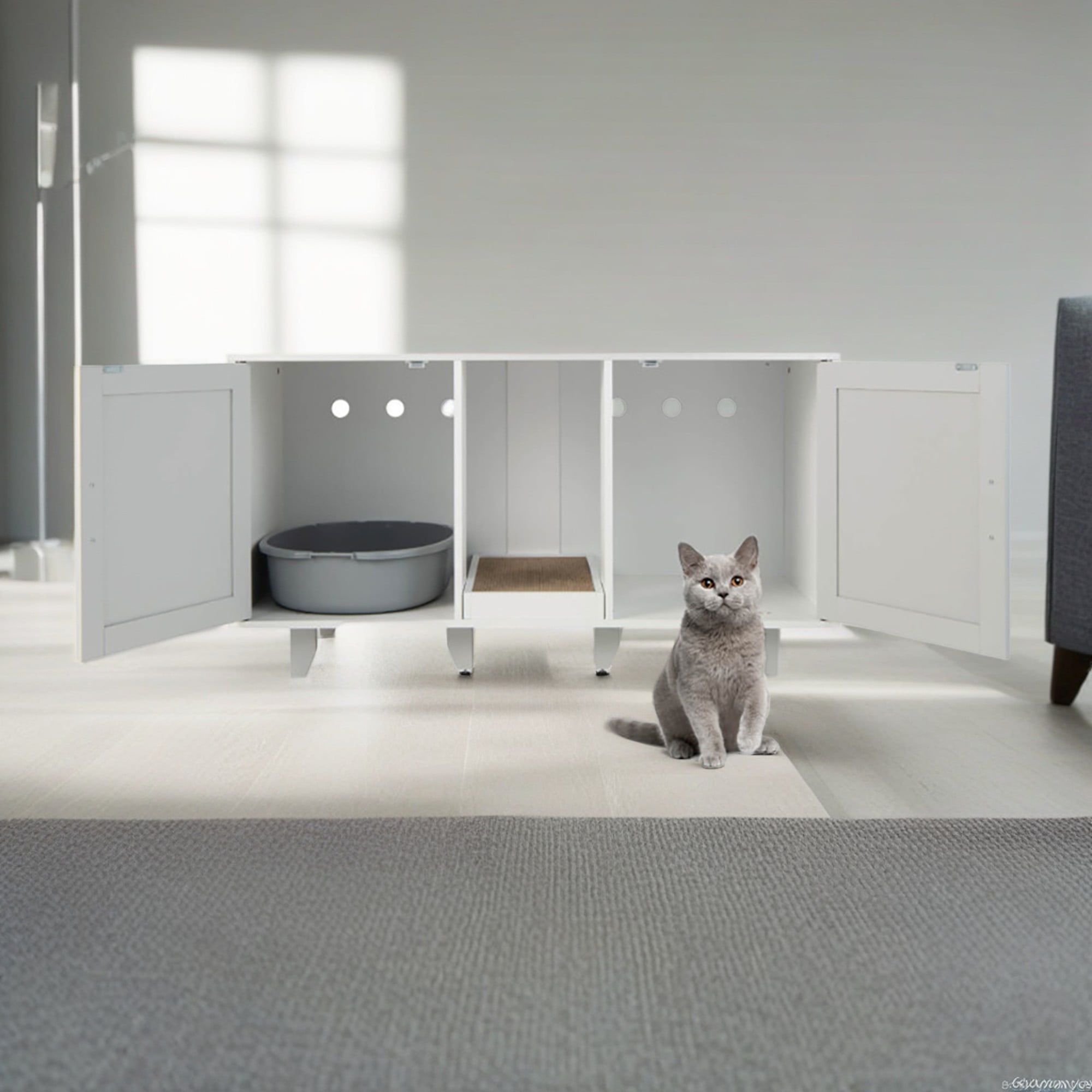 resenkos 47" 2-Door Cat Litter Box Enclosure with Winding Entry and Scratching Board, Hidden Cat House Washroom Furniture, Gray