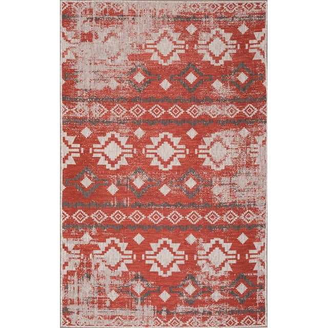 Tapis Intérieur/extérieur Séchage Rapide Traditionnel Rouge Beige 5 Pieds x 8 Pieds