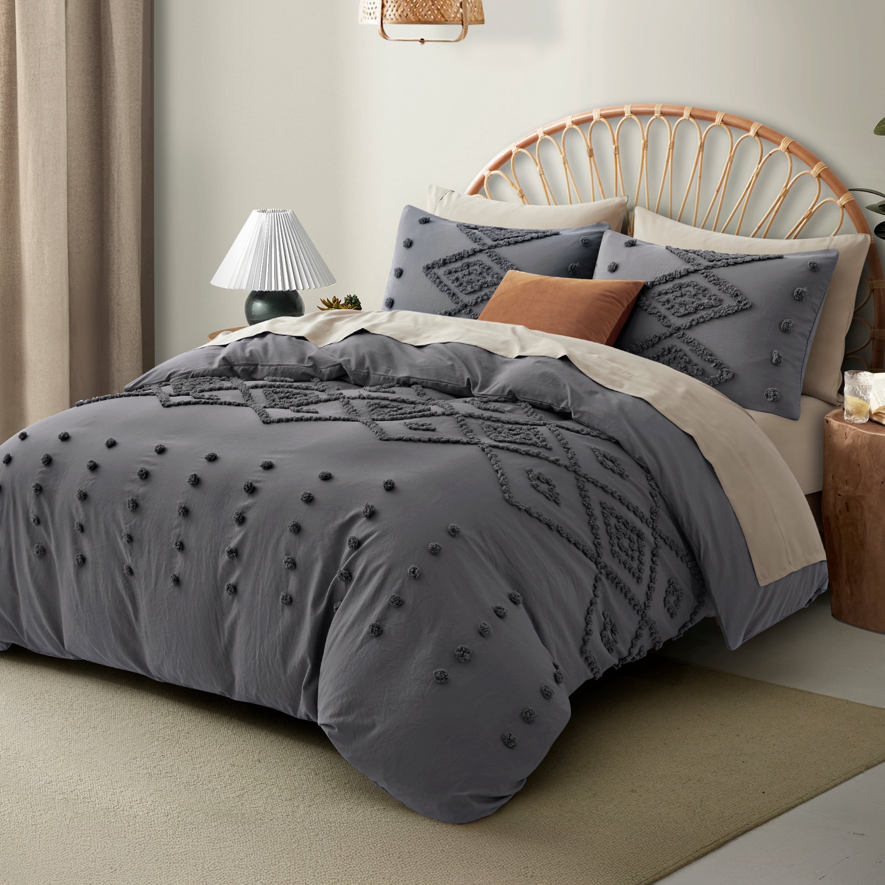 Queen Duvet Cover, Soft Bedding Set for All Seasons, Comforter Set, Boho Embroidery, Multi Colors & Sizes Available(Gray, 3 Pcs, 90"x 90")