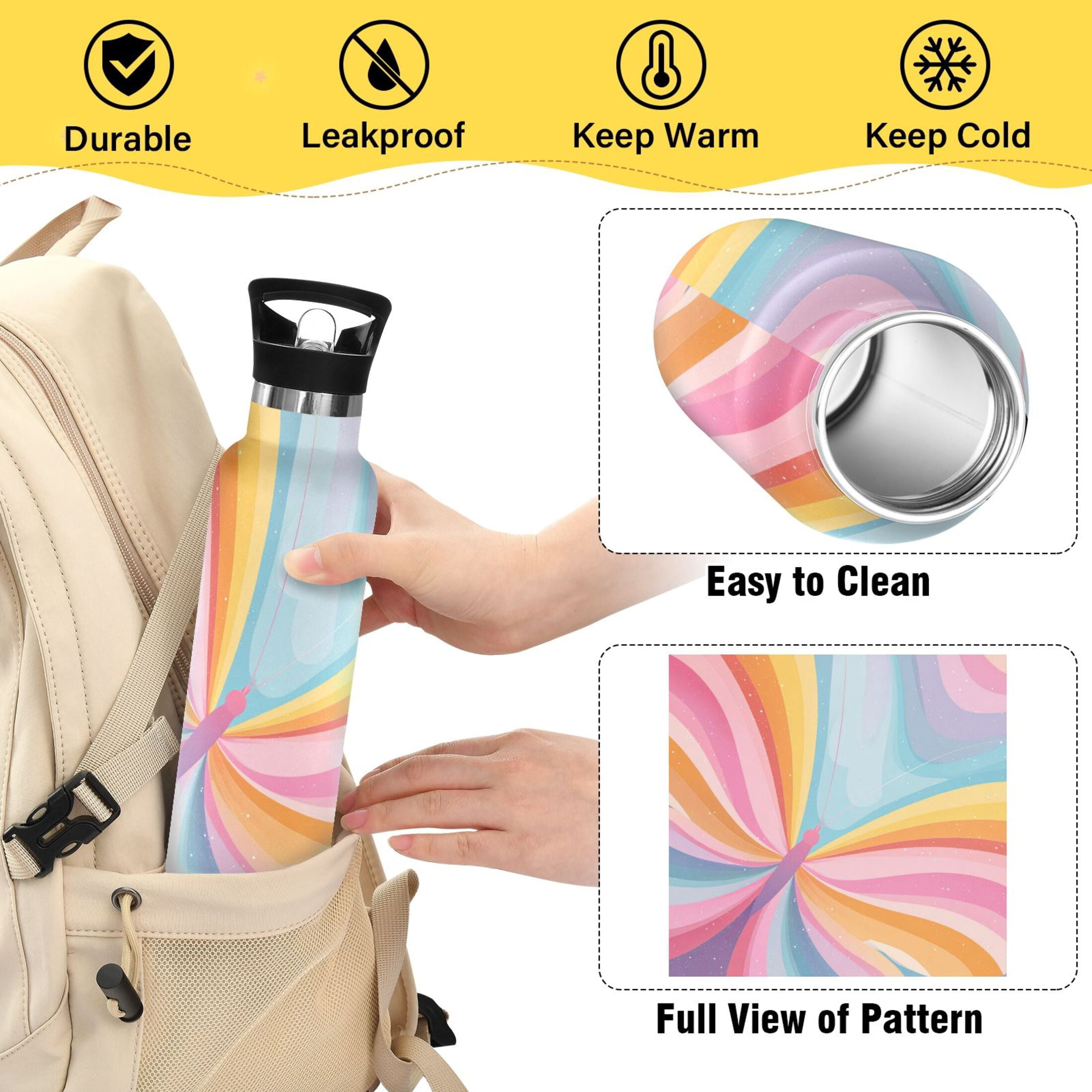 Kids Insulated Stainless Steel Sports Water Bottle 600ml Colorful Rainbow Butterfly