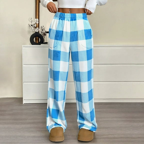 Women Plaid Pajama Pants Long Sleep Pant with 2 Pockets Sleepwear Sky Blue XL