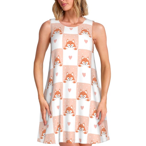 Fotbe love plaid fox Vestido de Verano sin Mangas para Mujer – Vestido Midi Línea A, Estilo Camiseta Floral, Vestido Playero Casual y Fluido