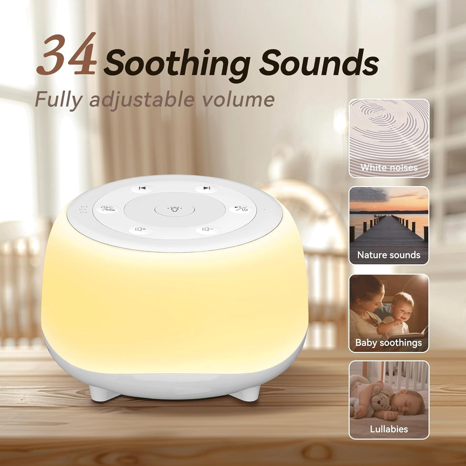 White Noise Sound Machine with 8 Colors Night Light 34 Soothing Sounds, Portable Sound Machine for Baby Adults Kids Sleep with 30 Volume Levels 4 Timers Adjustable Brightness (White)