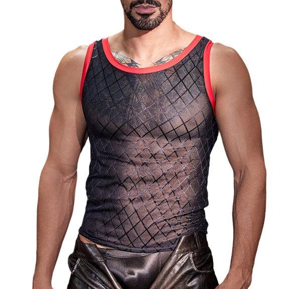 QSAWXQZ Men's Mesh Tank Top Crew Neck Sleeveless Sheer Net Shirt Casual Layer for Party Free Size