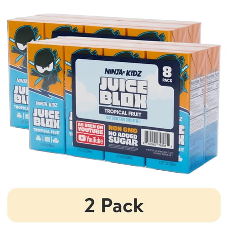 (2 pack) JuiceBlox Ninja Kidz Tropical Fruit Juice, 6.75 fl oz, 8 Count Boxes, Light Texture