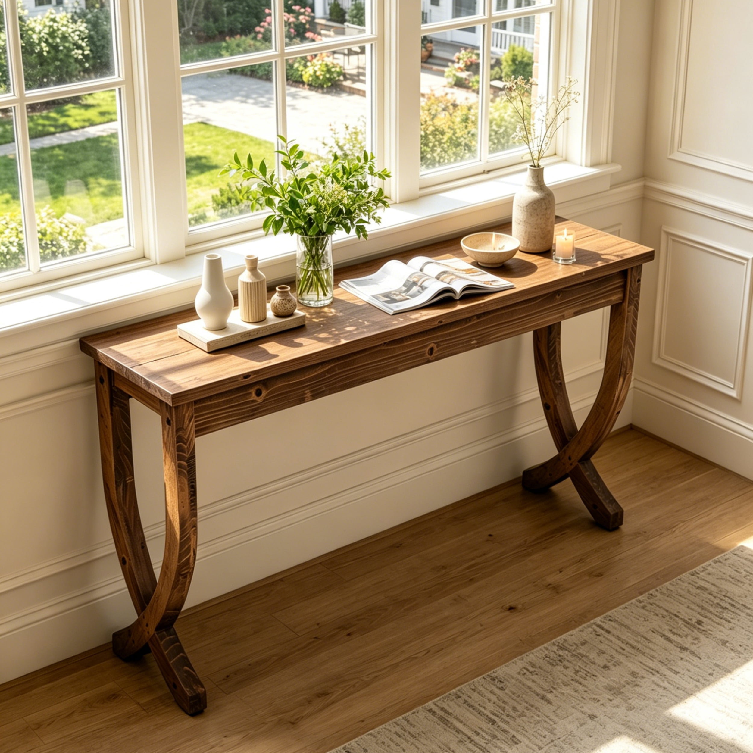 Fnova 63" Console Table, Long Farmhouse Entryway Table, Solid Wood Sofa Table with X-Shaped Legs for Living Room, Entrance, Foyer