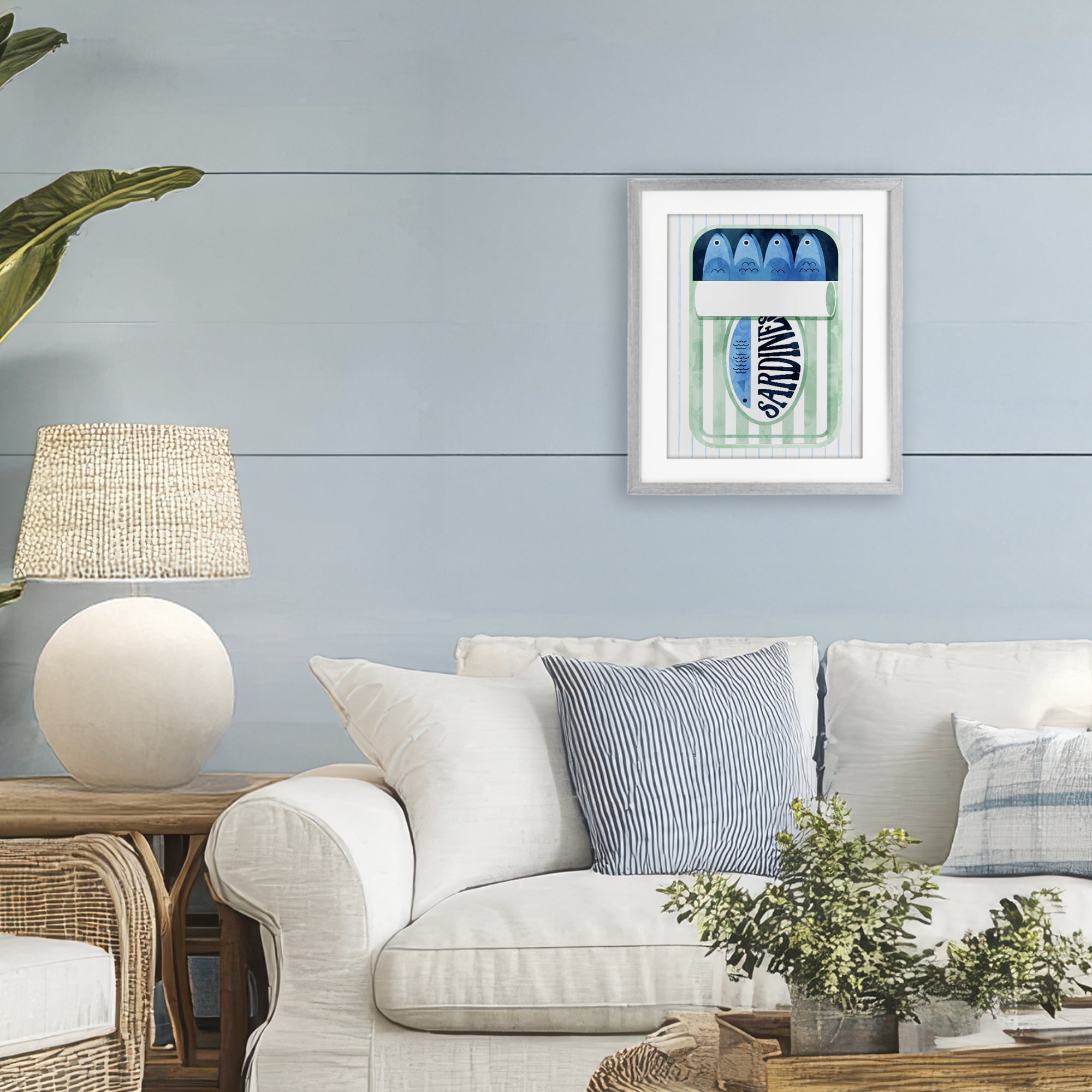 Seafoam Sardine Tin over Stripes Gray Framed Print Under Glass, design by Daphne Polselli