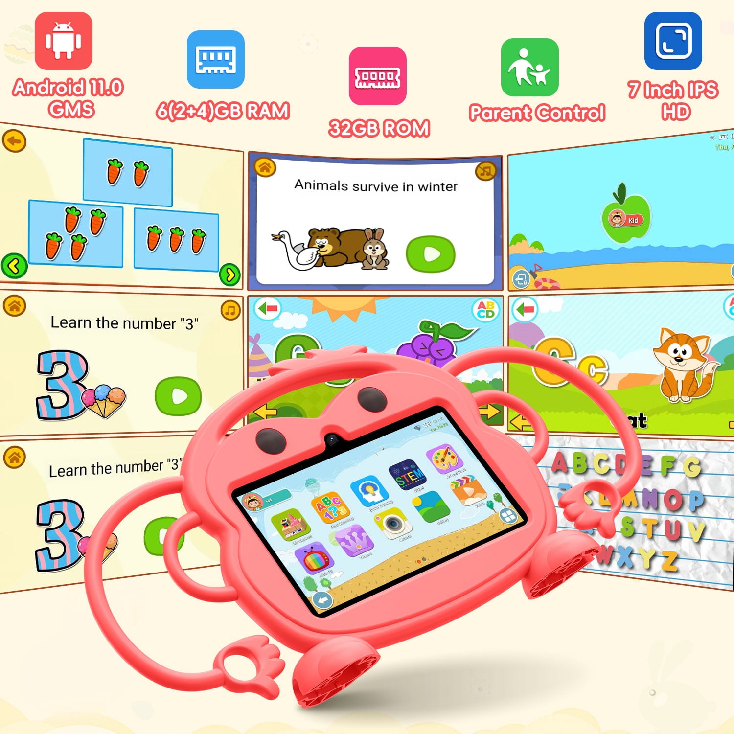 Kids Tablet, 7 inch Android Tablet for Kids, 6GB RAM 32GB ROM Quad-Core Toddler Tablet with Shockproof Case, Bluetooth, WiFi, Parental Control, 2MP+2MP Dual Camera, GPS, Games