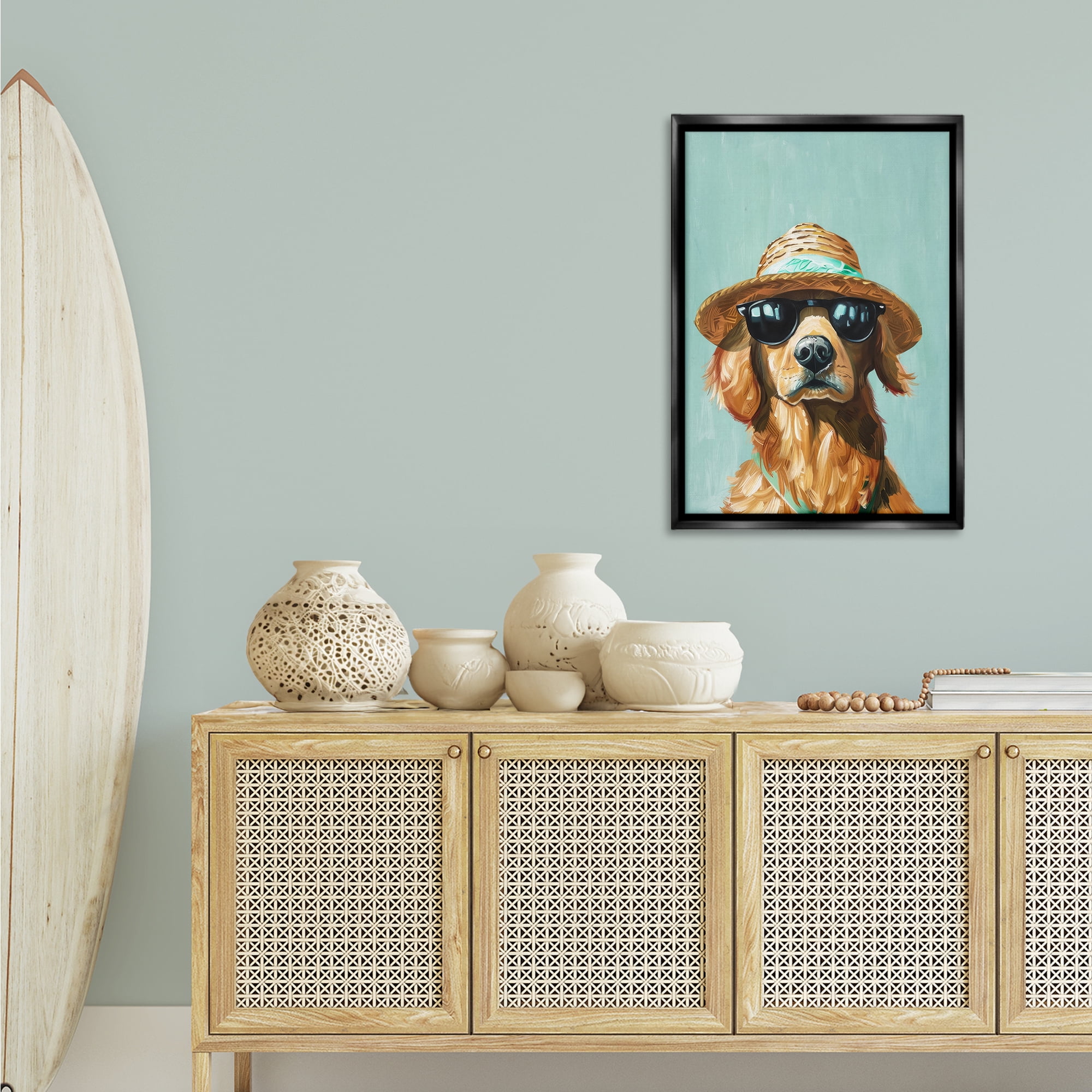 Stupell Industries Beach Ready Dog Animals & Insects Painting Black Floater Framed Canvas Art Print Wall Art, 21 x 31