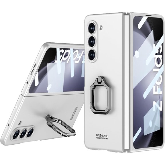 Compatible with Samsung Galaxy Z Fold 5 Case with Ring,Ultra-Thin Slim Shockproof Anti-Scratches Rotate Kickstand Holder Screen Protector Phone Case for Samsung Galaxy Z Fold 5 5G Silver