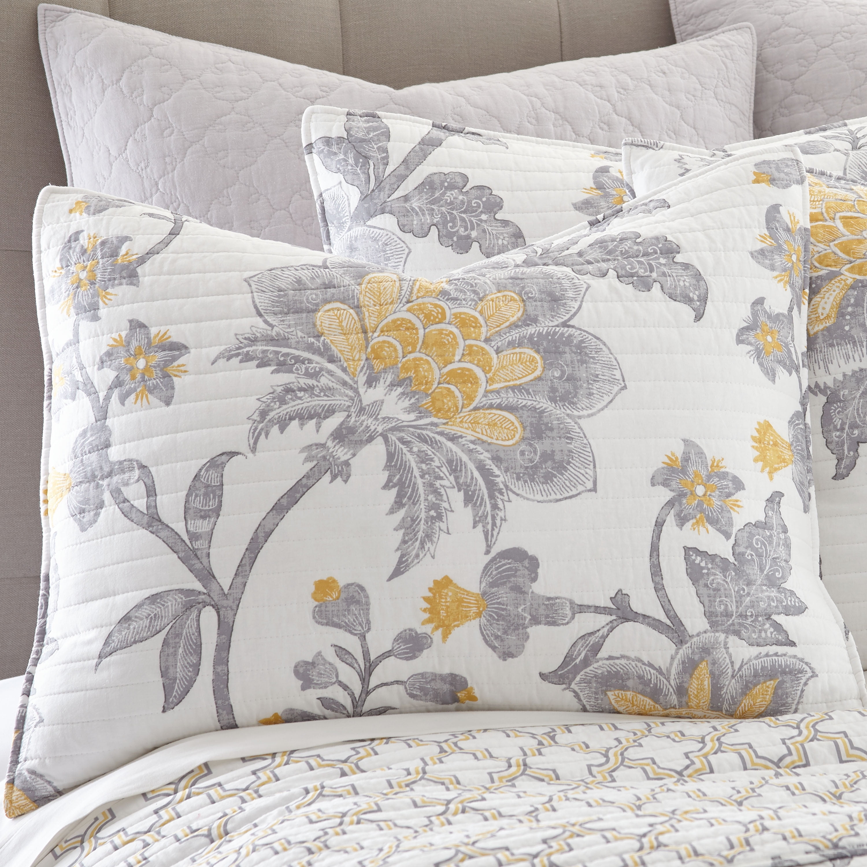 Levtex Home - Reverie Quilt Set - Full/Queen Quilt + Two Standard Pillow Shams - Floral - Yellow, Grey, and White - Quilt Size (88x92in.) and Pillow Sham Size (26x20in.) - Reversible - Cotton Fabric
