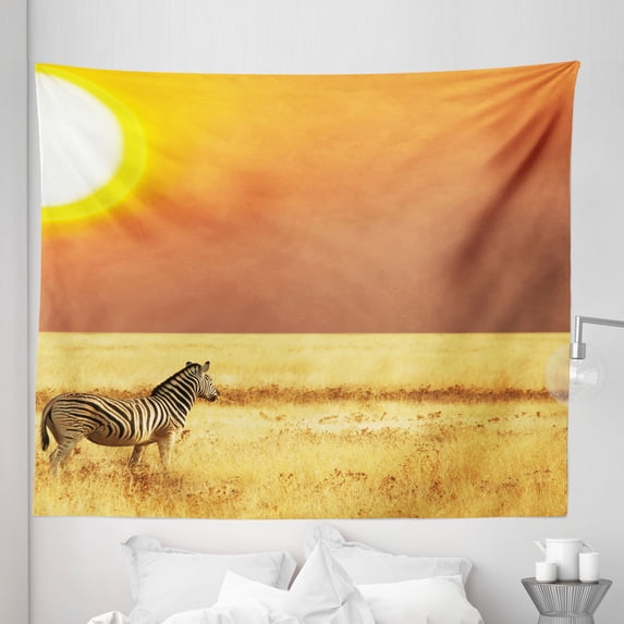 Zebra Tapestry, Zebra at Sunset on Grass Mammal Culture Tropical Lands Photo, Fabric Wall Hanging Decor for Bedroom Living Room Dorm, 5 Sizes, Yellow Orange Black, by Ambesonne