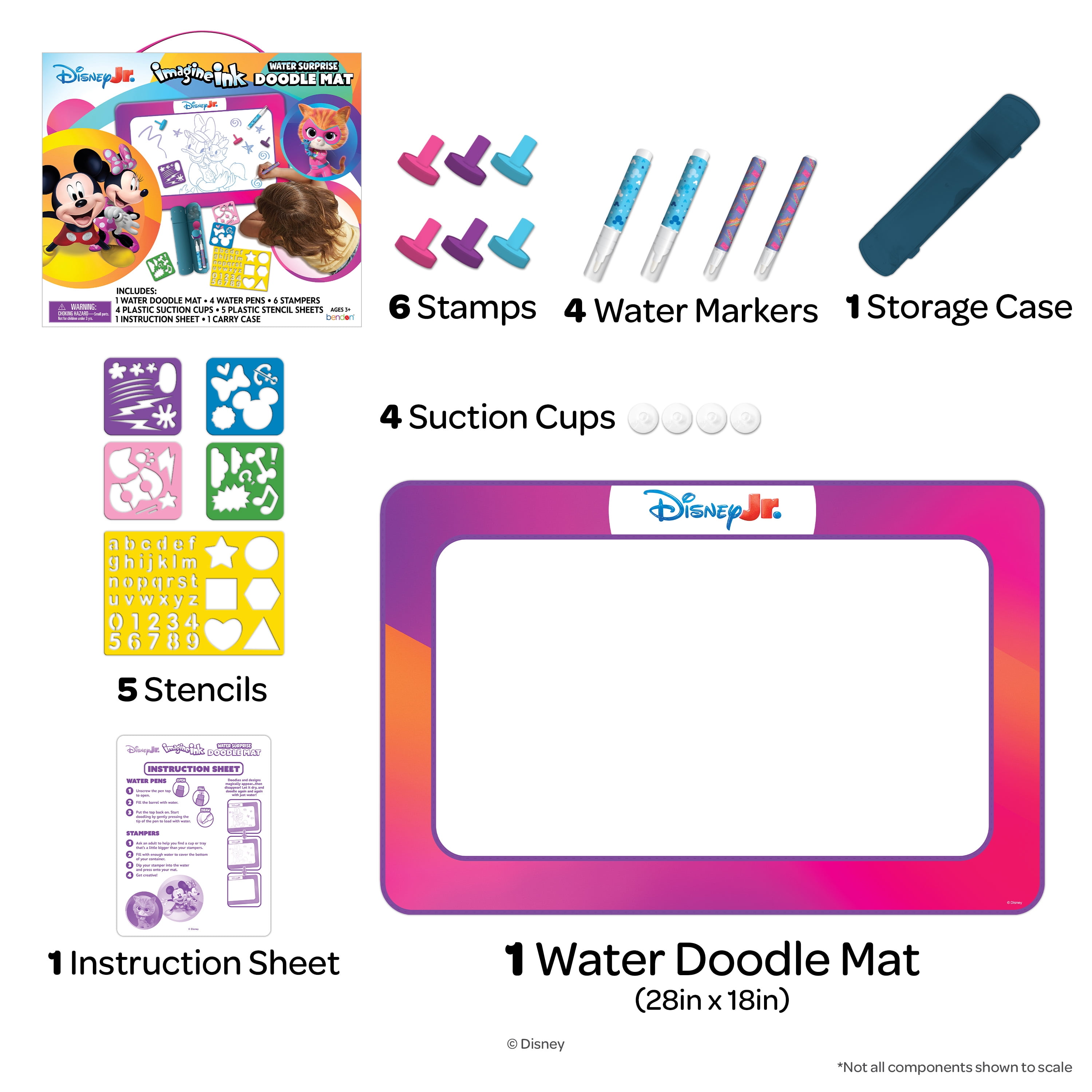 Disney Junior Water Surprise Doodle Mat for Toddlers & Preschoolers – Mess-Free Creative Art Play with Imagine Ink Pens, Stamps, and Stencils, Ages 3+