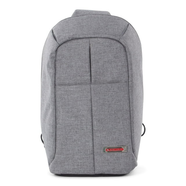 SWISS MOBILITY - STERLING – Sac à Bandoulière pour Tablette avec Sangle d'Épaule Ajustable en Tissu polyester Gris, Sac à Bandoulière Rectangulaire Rembourré Orienté vers l'Avant avec Couture Verticale et Écusson logo SWISS MOBILITY Rouge, Doté d'Une Sangle Ergonomique Ajustable, d'Une Poche Antivol RFID et de Compartiments Organisateurs Adaptés aux Petites Tablettes et aux Accessoires pour Ordinateur Portable.