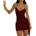 thumbnail image 3 of TaTaai Women V-Neck Sleeveless Halter Solid Color Ruched Bodycon Dress Comfortable Stretchy Stylish for Party Date Summer Wear Gift, 3 of 8