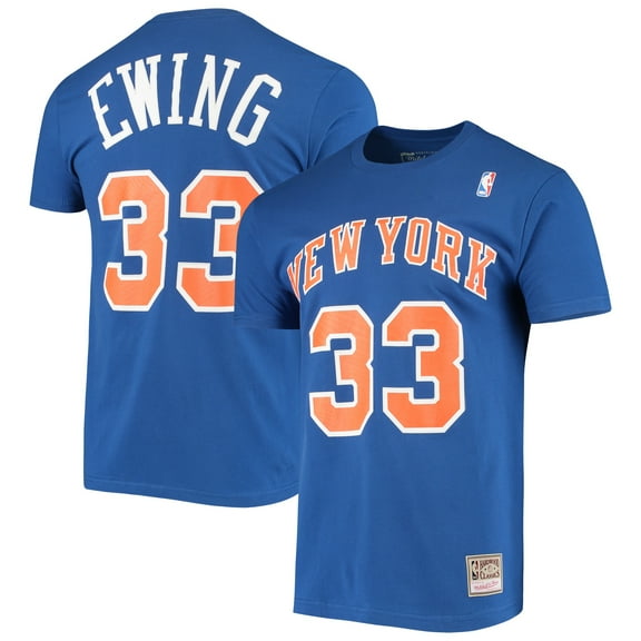 Men's Mitchell & Ness Patrick Ewing Blue New York Knicks Hardwood Classics Stitch Name & Number T-Shirt