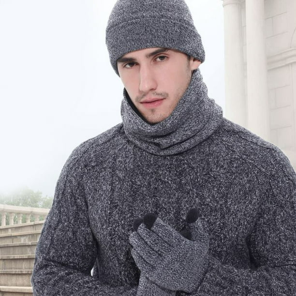 3Pcs/Set Adults Neck Warmer Hat Gloves Solid Color Thickened Stretchy  Thermal Windproof Keep Warm Washable Winter Men Women Woolen Yarn Scarf Hat  Gloves Kit for Cycling 