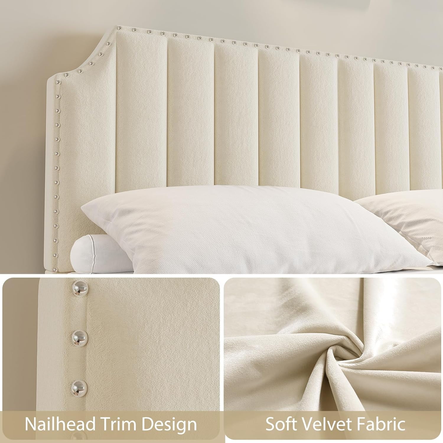 King Size Velvet Bed Frame with 50.2" Tufted Headboard & Footboard, Nailhead Trim, No Box Spring Needed, Noise-Free, Beige