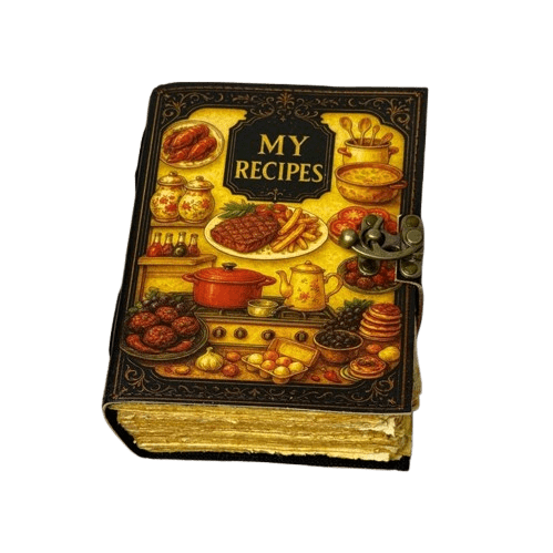 Handmade Leather Recipe Journal – 5x7 Inch Vintage Cookbook Notebook with 200 Deckle Paper Pages, Antique Clasp, Personalized Kitchen Recipe Keeper