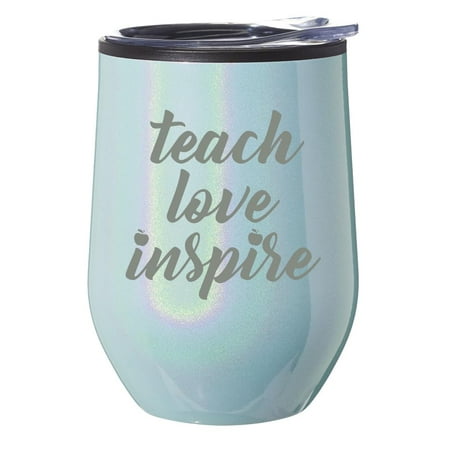 

Stemless Wine Tumbler Coffee Travel Mug Glass With Lid Gift Teach Love Inspire Teacher (Blue Glitter)