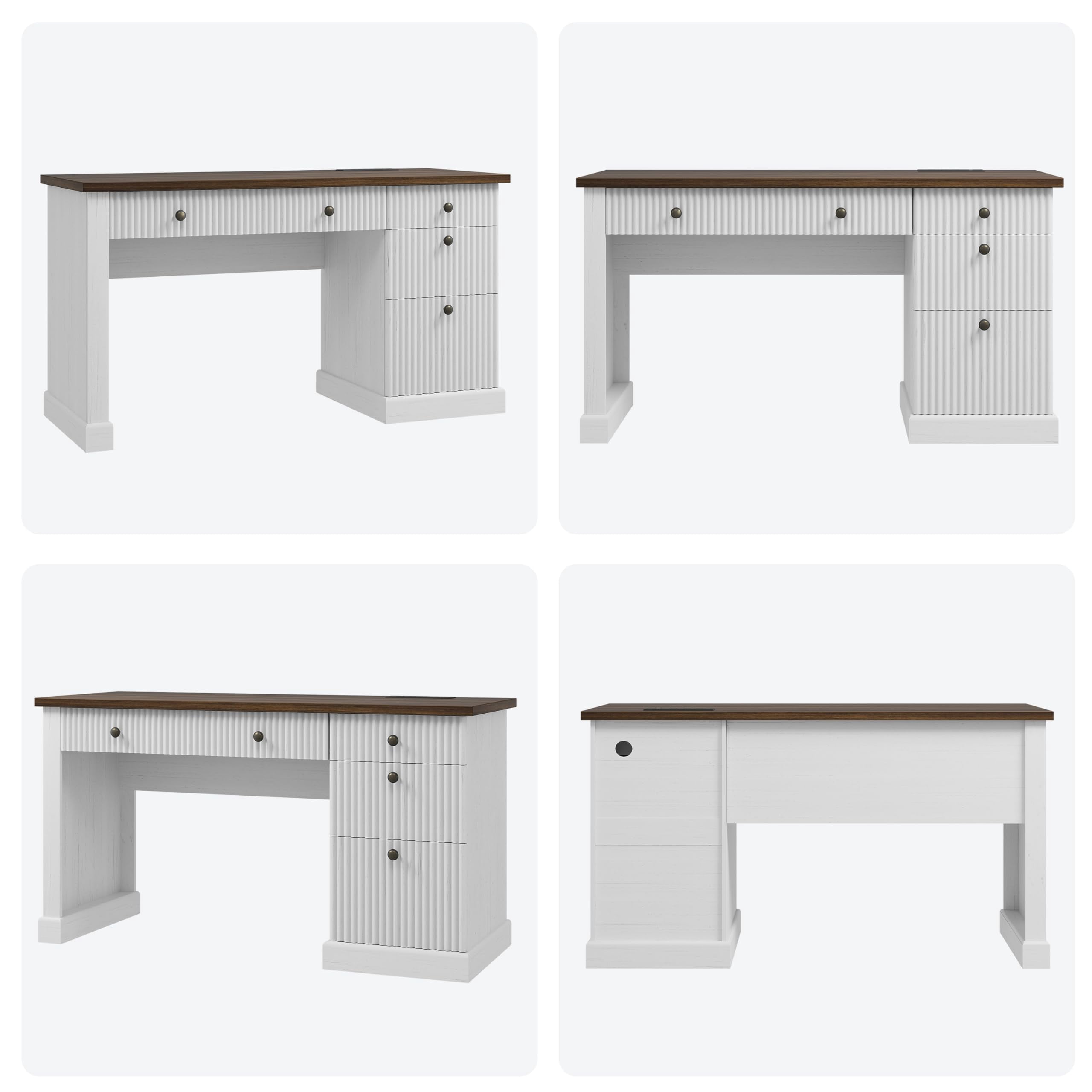 EliteEdge 54" Fluted Executive Desk with File Drawers, Storage Cabinet & Charging Station, Modern Computer Table for Home Office,Brown and White