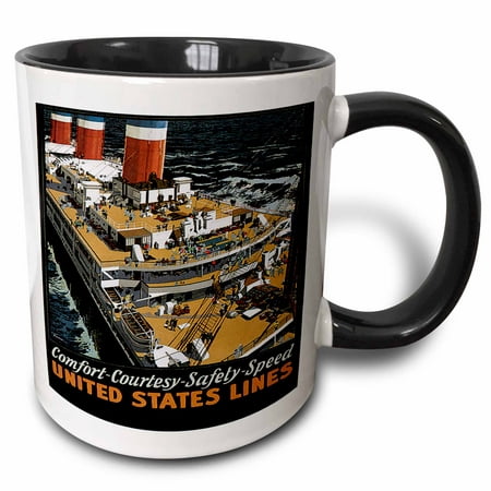 3dRose Vintage United States Lines Comfort-Courtest-Safety-Speed Ocean Liner Poster - Two Tone Black Mug,