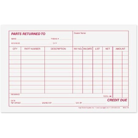 Auto Parts Return Form - Credit Due - Pack of 250
