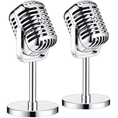 Lsupdaol Retro Microphone Props, 2 Pack, Vintage, Plastic, Fake Microphone, Silver