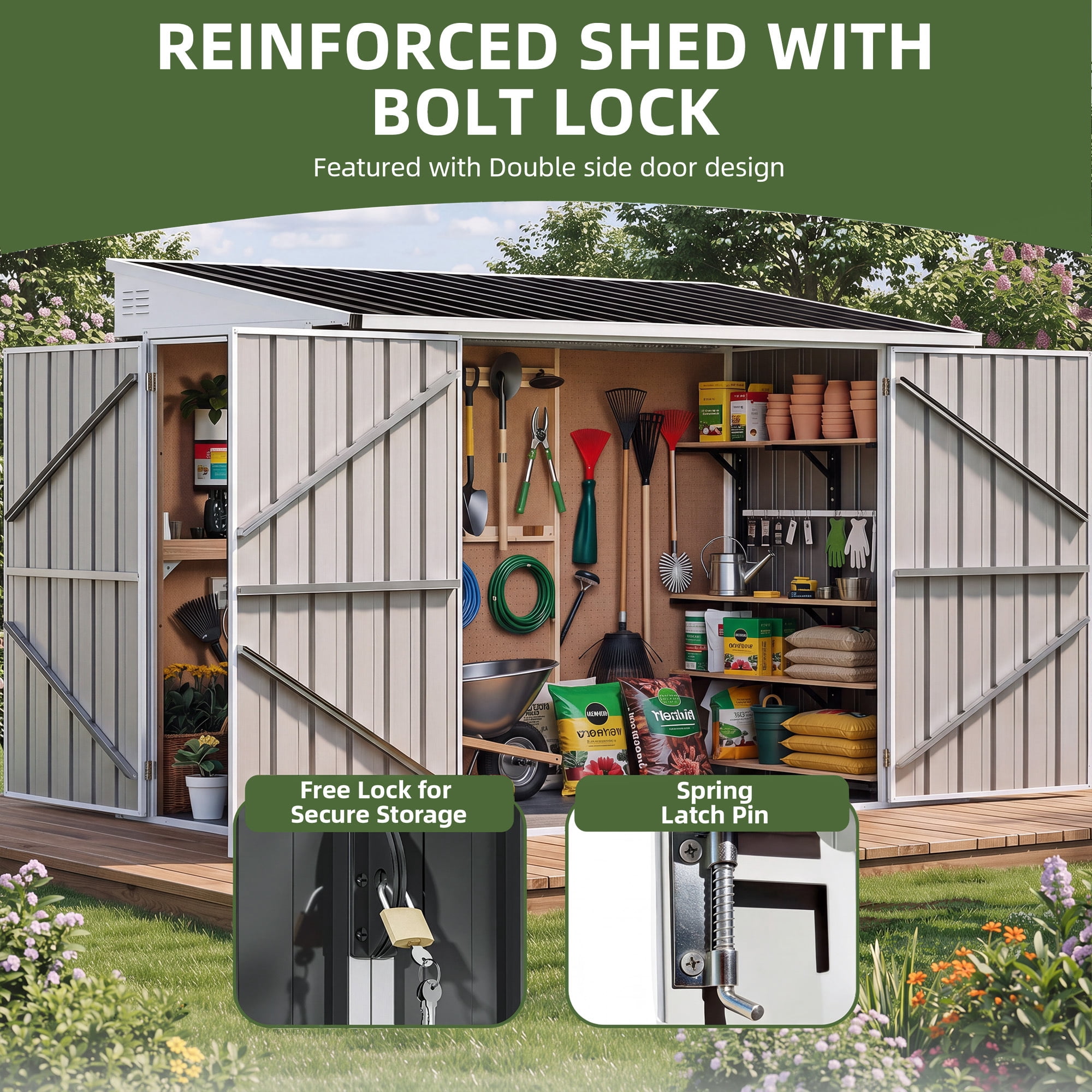 Uforic 7' x 4' Outdoor Weatherproof Storage Shed, Metal Bike Shed with Lockable Doors, Garden Storage for Lawn Equipment, Tools and Trash Cans, Dark Gray
