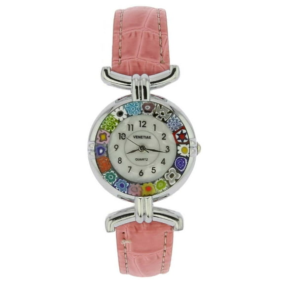 GlassOfVenice Murano Glass Millefiori Watch with Leather Band - Silver Pink Multicolor