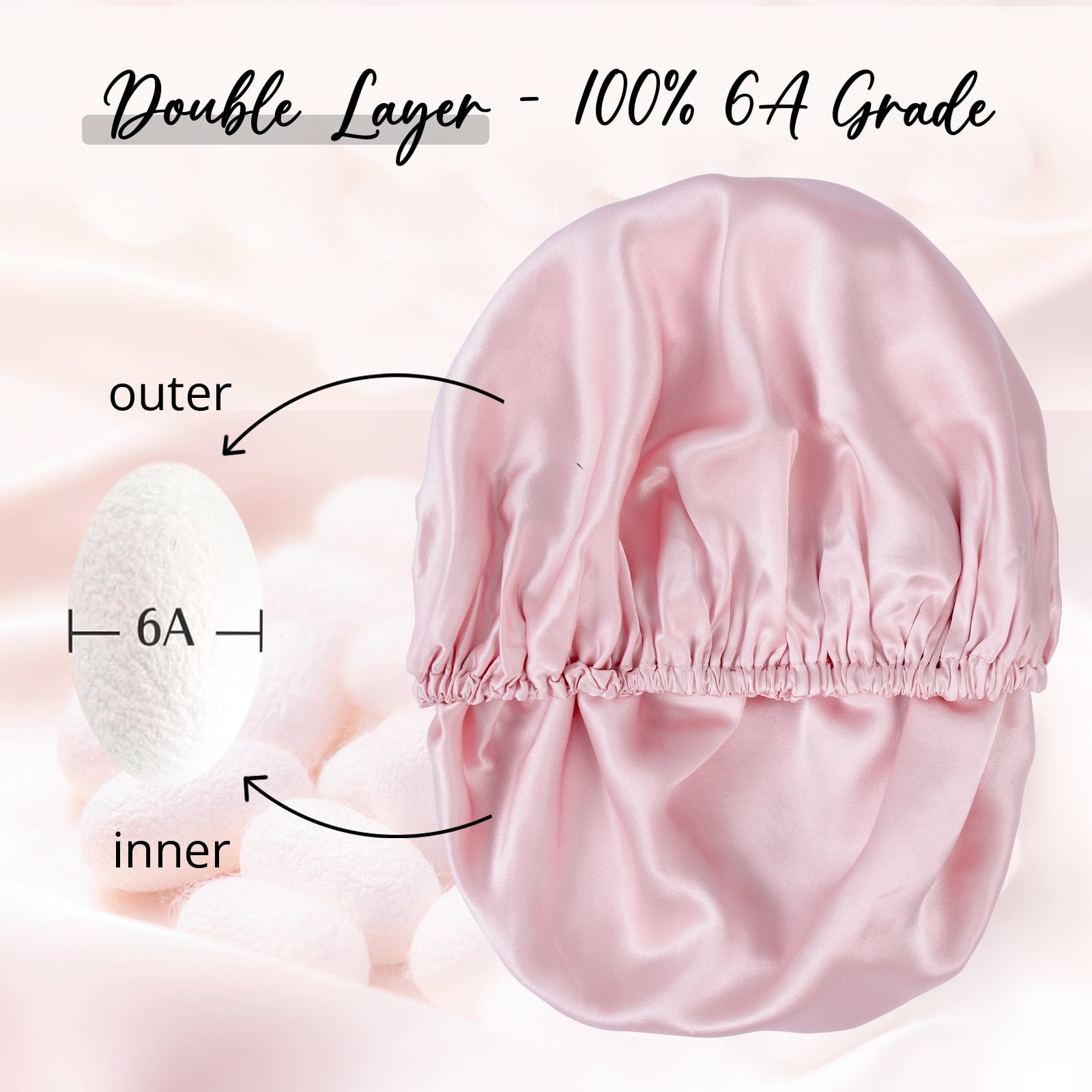 WIGI 100% Mulberry Silk Bonnet with Scrunchie Gift for Women, Silk Bonnet for Sleeping, Shower Cap Hair Bonnet, Silk Hair Wrap for Hair Care (100% Mulberry Silk (Round design), Pink)