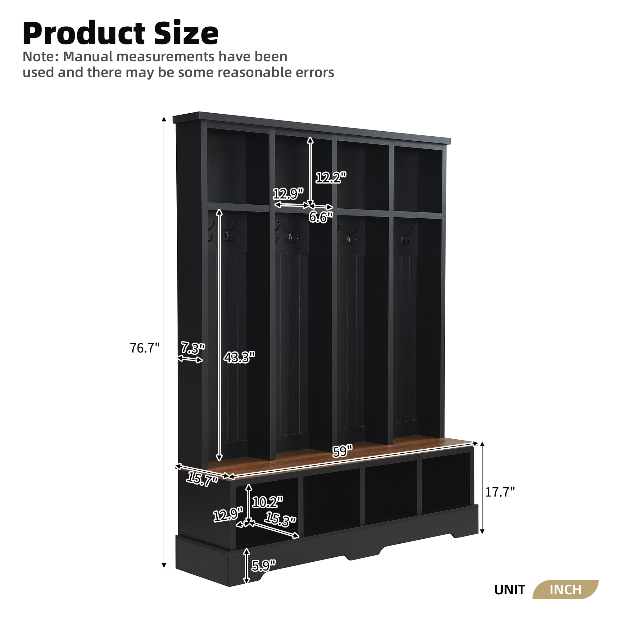 Euroco Farmhouse 59"W Wide Hall Tree with 8 Hooks, Practical Entryway Bench with Open Compartments, 76.7"H Modern 3-in-1 Wooden Style Coat and Shoe Rack for Mudroom, Living Room, Black