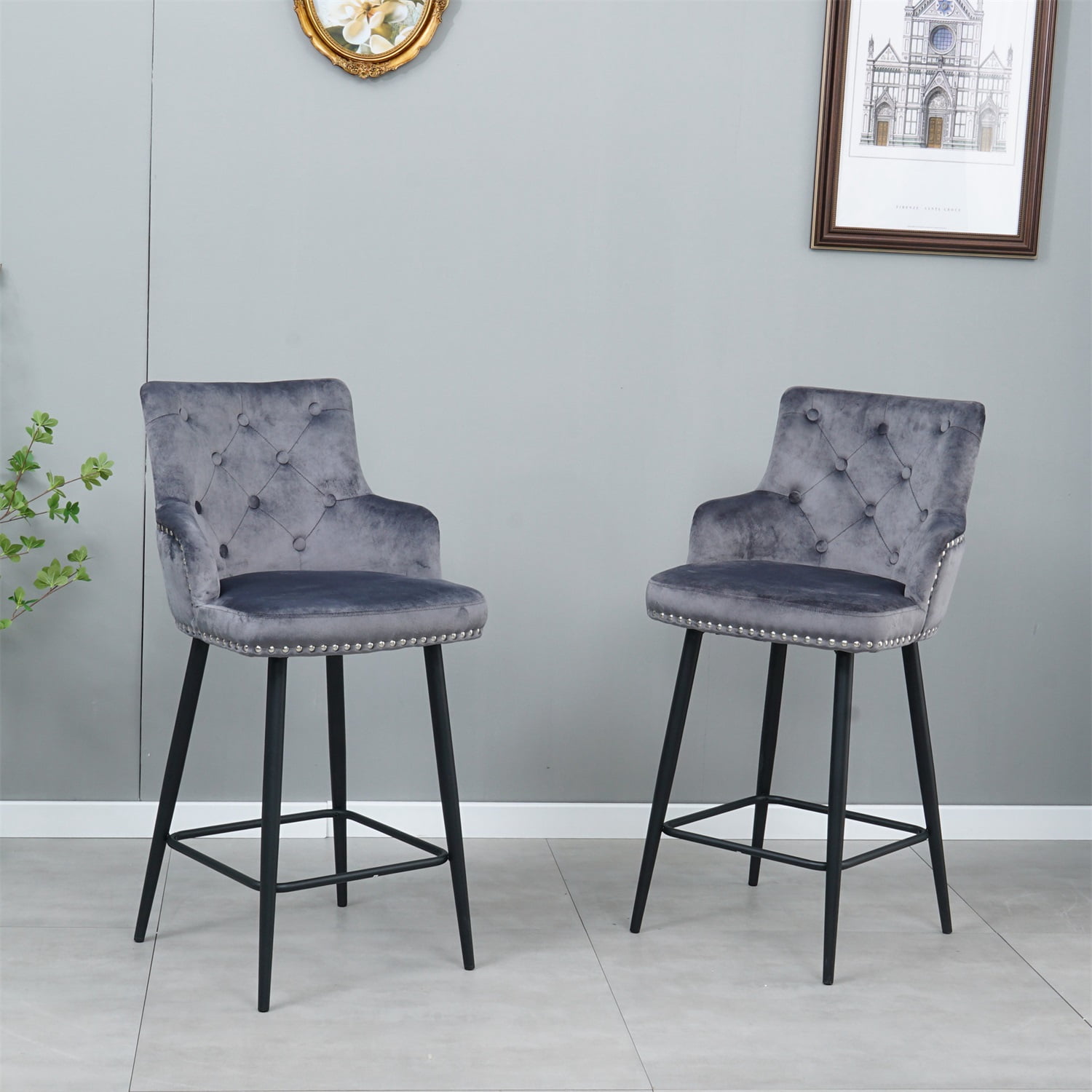 Kadyn Modern Style Bar Chair Set of 2, Foam Bar Stools with Armrests and Footrests, Upholstered High Bar Stool Chair for Dining Room, Dark Blue
