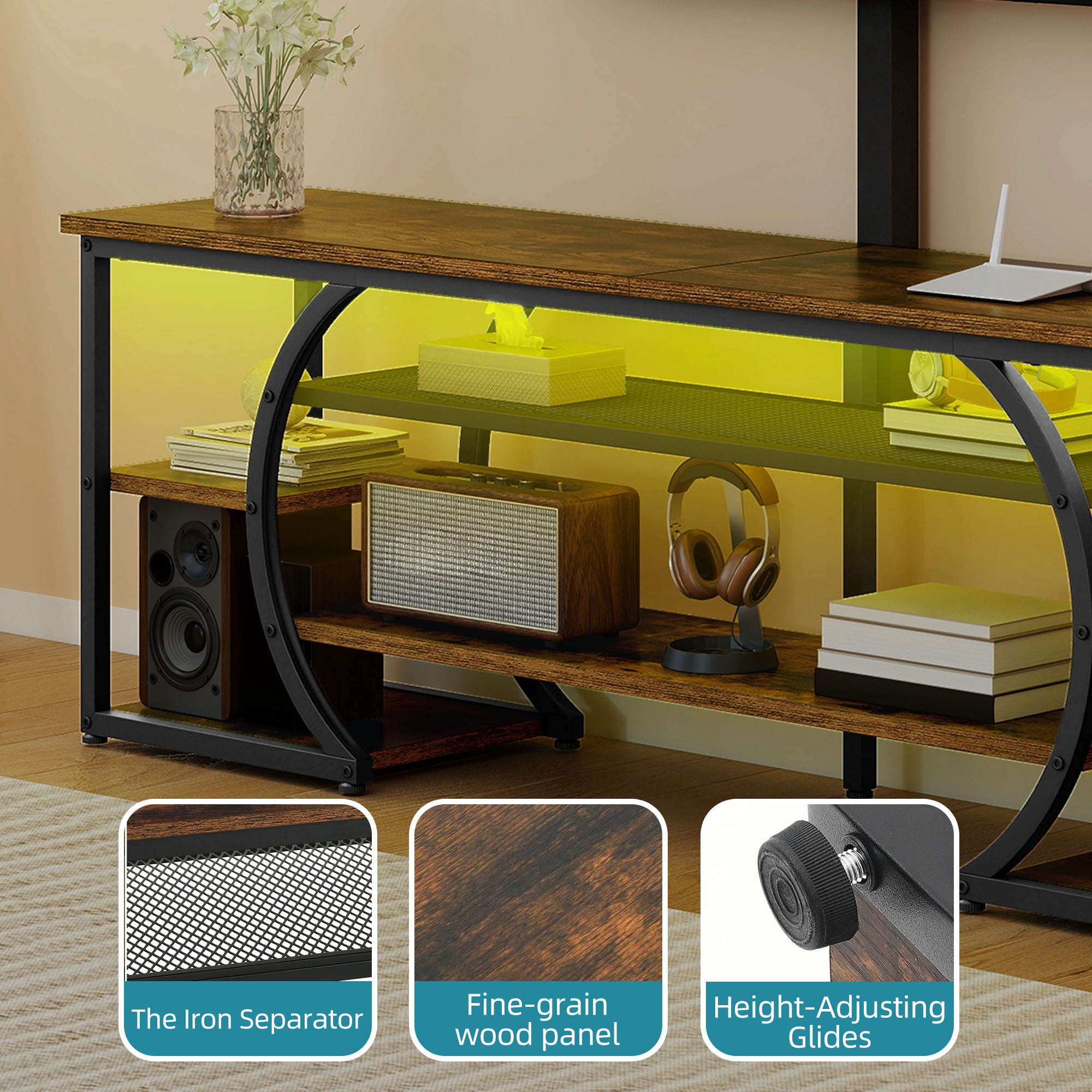 Uforic TV Stand for 65"/70" TVs, LED Entertainment Center with Mount & Power Outlets, TV Media Console Table,Rustic Brown