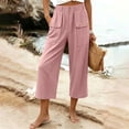 thumbnail image 7 of VV AVEORS Capris For Women Pull On Wide Leg Linen Cargo Pants Summer Buttons High Waist Beach Vacation Trousers With Pockets Pink L, 7 of 7