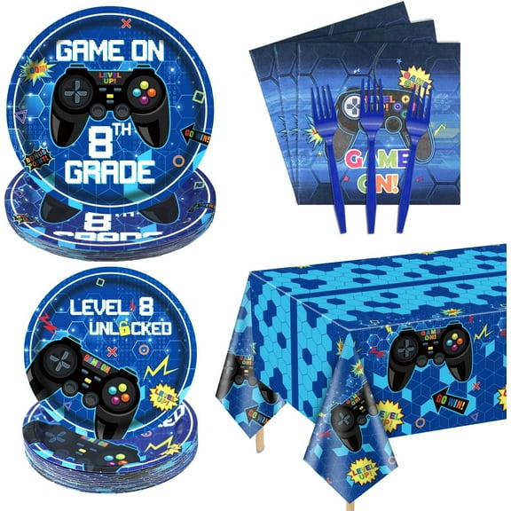 81 Pcs Video Game Party Supplies - 8th Birthday Video Game Party Decor Dinner Plates Napkins Video Game Tablecloth Forks Gaming Party Pack for Kid Boy 8th Birthday Party, Serves 20 (8th)