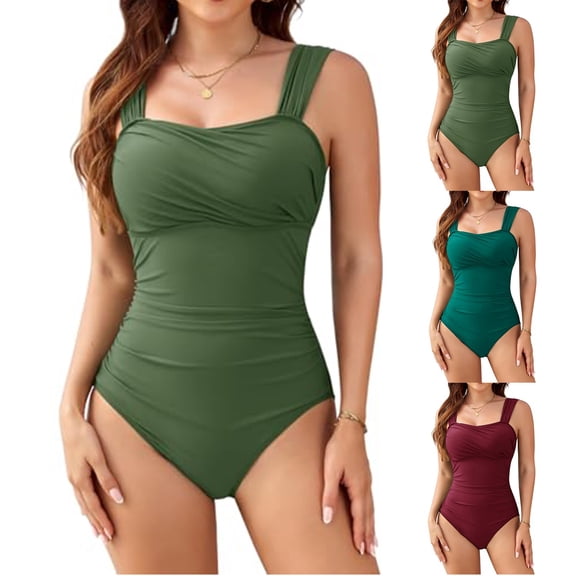 One Piece Bathing Suit for Women Tummy Control Swimsuits Square Neck Ruched Modest Swimwear Light Green S