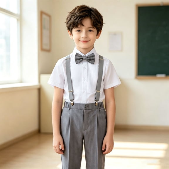 CUZIBR Boys Outfits Sets British Style Pleated Short Sleeve Shirt Striped Suspender Trousers Bow Tie Two Piece Formal Wedding Performance Party Clothes For Kids,Grey,12-24 Months