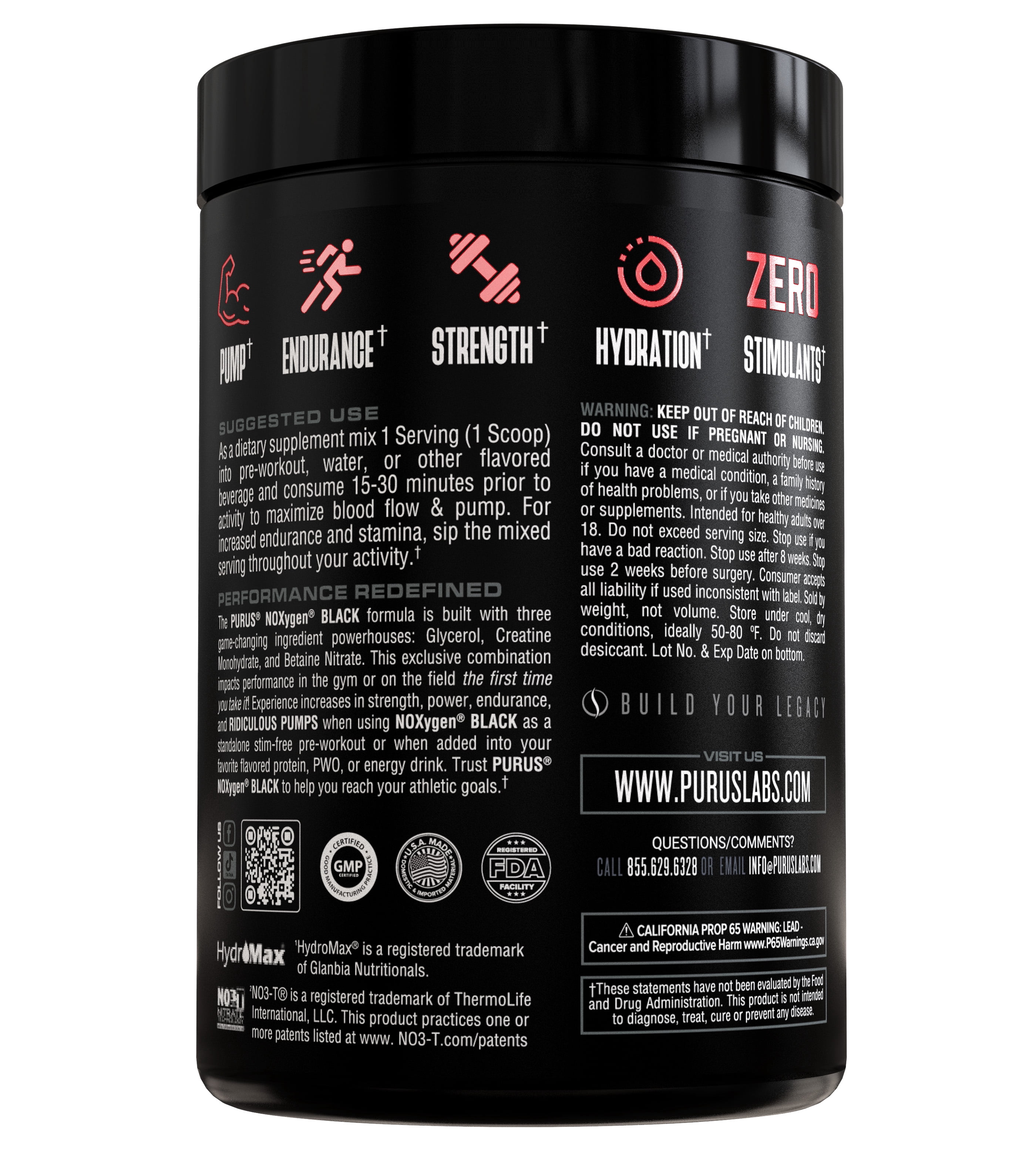 Purus Noxygen Black Unflavored Pump Preworkout Accelerator 11.3 oz