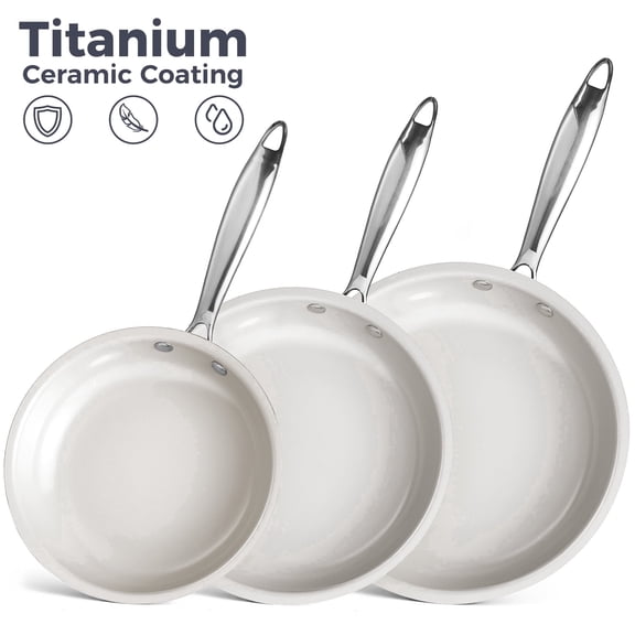 KITEXPERT Non Stick Frying Pans Set, Titanium Ceramic Pan Skillet Set Non Toxic, 8" 9.5" 11" Nonstick Frying Pan, Stainless Steel Handle, Dishwasher & Oven Safe, Cream