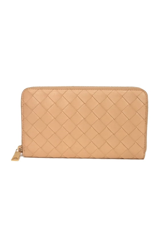 Pre-Owned Bottega Veneta Maxi Zip-Around Wallet with RFID Protection, Intrecciato Weave, Almond...
