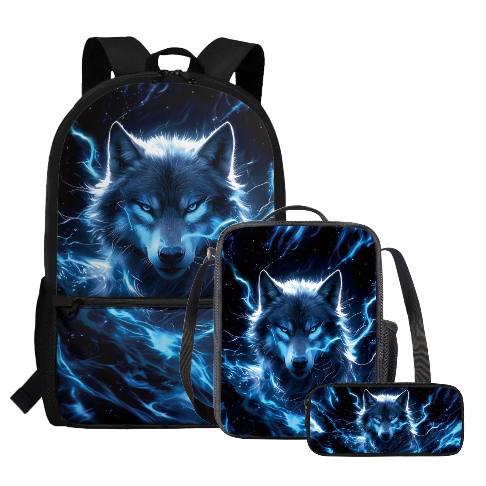 Yuyamidu Blue Wolf Kids Backpack Set Girls 3 PCS Kids Backpack with Lunch Box Pencil Case Large Capacity Bookbag Casual Daypack for Elementary School Students