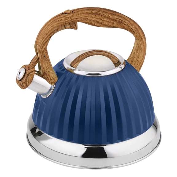 Modern Stovetop Blue Tea Kettle with Wooden Look Handle - Stainless Steel Stovetop Tea Kettle 3L / 12 Cup Capacity