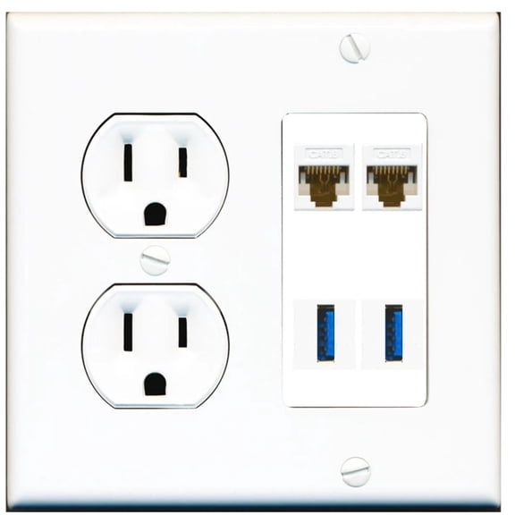 Ultra Spec Cables 2 Port Cat6 2 USB 3.0 A-A Wall Plate w/Round Power Outlet